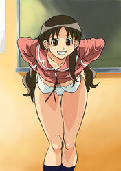 azumanga_daiou bent_over black_hair bra breasts brown_eyes brown_hair chalkboard cirima classroom clothes clothing female female_only grin hanging_breasts human panties pink_topwear school_uniform seifuku serafuku shirt shirt_lift smile socks solo standing teacher thigh_gap underwear undressing very_long_hair volvox white_bra white_panties yukari_tanizaki