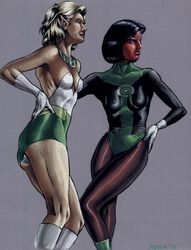 1990 1990s 20th_century 2girls alien alien_girl arisia_rrab artist_name blonde blonde_hair blue_hair breasts cleavage clothed clothed_sex clothing color colored costume dark_hair dated dc dc_comics dress gloves green_lantern green_lantern_(series) green_lantern_corps grey_background hair hand_on_hip hands_on_hips humanoid katma_tui long_hair martin multiple_females multiple_girls nipple_bulge panties pantyshot red_skin signature skirt standing straight_hair superheroine tight_clothing uncensored underwear white_gloves year yellow_hair