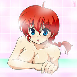 1girls blue_eyes blush braid breasts cleavage female female_only large_breasts nude ranma-chan ranma_1/2 ranma_saotome red_hair shimeta_hiromitsu single_braid solo steam water