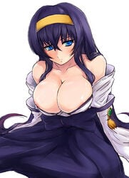 big_breasts blue_eyes breasts bursting_breasts chikane_himemiya cleavage clothing hairband hakama himemiya_chikane huge_breast huge_breasts japanese_clothes kannazuki_no_miko large_breasts long_hair massive_breasts miko miyamoto_issa