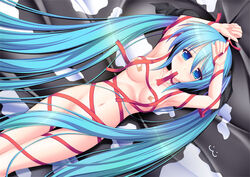 armpits arms_up bandaid blue_eyes blue_hair censor_hair censored convenient_censoring hatsune_miku kageira long_hair lying naked_ribbon nude ribbon ribbons solo tied_hair twintails very_long_hair vocaloid