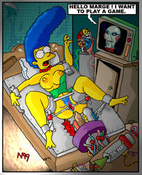 billy_the_puppet blue_hair bondage breasts crossover imminent_rape jigsaw_(saw) marge_simpson necron99 predicament_bondage saw_(series) spinning_wheel the_simpsons toy uncensored what