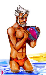 ball clothes color damon_gant day gyakuten_saiban holding human looking_over_eyewear looking_over_glasses looking_over_sunglasses male_only outdoors purple-tinted_eyewear sunglasses tagme tinted_eyewear topless