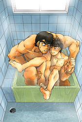 bathroom bathtub big_male_small_male hajime_no_ippo ippo_makunouchi male male_only mamoru_takamura muscular_males pompadour shared_bathing small_bathtub tiled_wall window