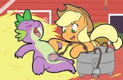 applejack_(mlp) barn blush bodily_fluids cum dragon duo ejaculation equid equine female friendship_is_magic genital_fluids genitals hay hi_res horse looking_pleasured lying machine male mammal milking_machine my_little_pony on_back orgasm penile penis penis_milking pony shenhibiki smooth_skin spike_(mlp) what