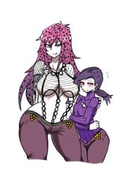 2girls blush diavolo doppios_sweater green_eyes jojo's_bizarre_adventure large_breasts mannungei milf multiple_girls pink_eyes pink_hair purple_hair rule_63 vento_aureo vinegar_doppio white_background yuri