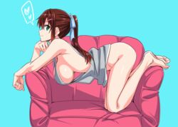 1girls barefoot bottomless breasts brown_hair chinatsu_nanami_(pinvise) couch feet female female_focus female_only green_eyes hair_ribbon heart no_panties original ponytail ribbon shiny shiny_skin sideboob simple_background solo suzutsuki_kurara