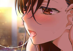 absurdres blush brown_eyes brown_hair close-up cum cum_in_mouth cum_string drooling ear eyelashes female hair_between_eyes hair_tucking highres hikaru_(gevp7588) light_particles open_mouth original saliva saliva_trail solo_focus sweat tongue