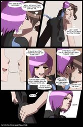 aurora-zone brown_eyes brown_hair comic fortnite holding_weapon kissing lynx_(fortnite) purple_eyes purple_hair saliva_string small_breasts tagme unknown_character yuri