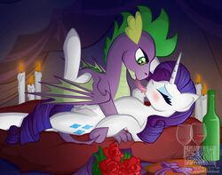 2020 aged_up blush bottle candle crotchboobs dragon duo equid equine female feral french_kissing friendship_is_magic genitals glass hair horn inside kissing mammal my_little_pony pussy rarity_(mlp) spike_(mlp) spread_legs spreading tongue tongue_out unicorn virenth wings