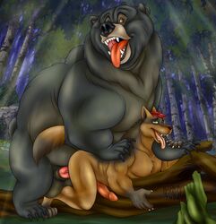 2020 anal anal_sex animal_genitalia anthro ash_cinder ass balls belly brother_bear brown_bear brown_body brown_fur canid canine canis coyote digital_media_(artwork) disney duo erection feral fur gay genitals grizzly_bear hair hi_res invalid_tag male male/male male_only male_penetrating mammal nude open_mouth overweight overweight_male penetration penis sex size_difference smile tongue tongue_out tug_(brother_bear) ursid ursine yaoi