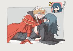 2girls blue_hair blush byleth_(fire_emblem) byleth_(fire_emblem)_(female) edelgard_von_hresvelg female_only fire_emblem fire_emblem:_three_houses horns long_hair mikoyan nintendo on_back post-timeskip sweat white_hair yuri