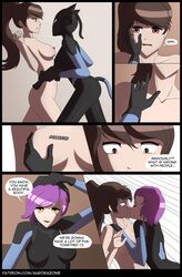 2girls aurora-zone bodysuit brown_eyes brown_hair comic female female_only fortnite full_body_suit hair lynx_(fortnite) multiple_girls purple_hair small_breasts tagme tail unknown_character yellow_eyes yuri