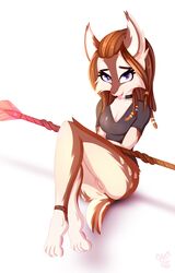 anthro anus ass bottomless breasts cleavage clothed clothing female fur genitals hair hi_res looking_at_viewer mammal melee_weapon omiart open_mouth polearm pussy solo spear species_request tongue weapon