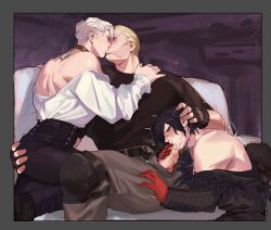 3boys absurdres bara belt black_belt black_choker black_hair black_jacket black_pants black_shirt blonde_hair blush choker closed_eyes cum cum_in_mouth cum_on_male dual_persona ejaculation erection fellatio gay gloves grey_pants highres jack_krauser jacket kissing knee_pads large_pectorals leon_scott_kennedy male_focus multiple_boys muscular muscular_male official_alternate_costume on_(isk1812) open_belt open_pants oral pants pectorals penis red_gloves resident_evil resident_evil_4 resident_evil_4_remake shirt short_hair sitting white_hair white_shirt yaoi