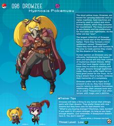 animal_ears blonde_hair creature_index drowzee english_text hi_res humanization humanoid kinkymation nintendo page_96 page_number pokémon_(species) pokedex pokemon pokemon-girl_encyclopedia pokemorph pokemusu profile tagme text text_box