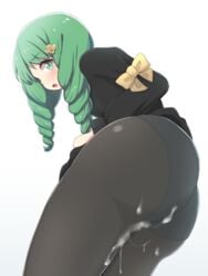 1girls angu_tanuki ass ass_focus clothed_female cum cum_on_ass cum_on_clothes cum_on_thighs fire_emblem fire_emblem:_three_houses flayn_(fire_emblem) green_eyes green_hair looking_back nabatean_(fire_emblem) nintendo solo tights