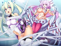 2girls azarin boots bound breasts carapace claws clothing detached_sleeves evil_grin evil_smile eyebrows_visible_through_hair facial_tattoo femdom gauntlet gloves green_hair grin hair_between_eyes headgear highres ikameshi insect_girl kouyoku_senki_exs-tia large_breasts leg_lock leotard long_hair looking_at_another lusterise magical_girl monster_girl multi_eye multi_leg multi_limb multiple_girls navel pink_hair purple_eyes restrained silk small_breast smile spider_girl spider_legs spider_web spider_webs suspension tattoo thigh_boots thighhighs torn_clothes white_gloves white_leotard white_sleeves yellow_eyes yuri