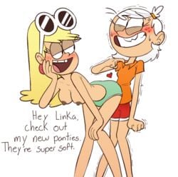 2girls assertive_female blonde_hair blush breasts clothing female female_only happy_female leni_loud lesbian lincoln_loud linka_loud mannysdirt multiple_girls nickelodeon nipples panties rule_63 sibling siblings sister sisters the_loud_house white_hair yuri