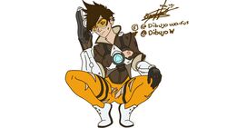 breasts brown_eyes brown_hair linklego nipples orange-tinted_eyewear overwatch sitting tinted_eyewear tracer vagina video_games visor