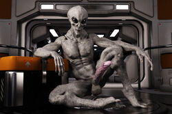 3d alien alien_male alien_penis balls black_eyes daz_studio erect_penis gay grey_body grey_skin hopefulsquire long_fingers male male_focus male_only pink_penis pinup_pose scifi source_removed