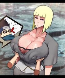 1boy 1girls blonde blonde_hair breast_grab cleavage clothed clothed_female double_breast_grab erect_nipples erect_nipples_under_clothes female female_focus fishnet_bodysuit fishnets groping headband headgear huge_breasts hypnotized infinite_tsukuyomi light-skinned_female light_skin mind_control naruto naruto_shippuden nipples nipples_visible_through_clothing pale-skinned_female pale_skin rinnegan samui sarutobi_konohamaru short_hair strangehero sweat sweaty voluptuous