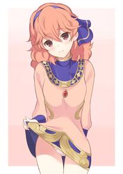 1girls ass_visible_through_thighs bangs blush clothing fire_emblem fire_emblem_echoes:_shadows_of_valentia fire_emblem_gaiden flashing genny_(fire_emblem) hair_ribbon headband legs panties pantyshot shiyo_yoyoyo skirt_lift smile thighs