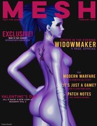 1girls 3d ass big_ass blue_hair breasts earrings female female_only high_resolution highres magazine magazine_cover overwatch pose solo subsurfaced tattoo tattoos widowmaker