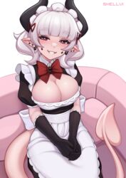 1girls big_breasts breasts cleavage demon demon_girl ear_piercing female female_only gloves horns humanoid large_breasts long_ears looking_at_viewer maid maid_headdress pale_skin piercing shellvi sitting solo spade_tail tail white_hair