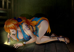 1girls bracelet breasts canonical_scene cleavage female female_only kimono kunoichi log_pose nami nami_(one_piece) ninja nipple_slip nipples no_panties onami one_piece orange_hair peeping pixiv post-timeskip raida_(j5einmnjp3r49k6) ribbon sandals shounen_jump solo spying tattoo telescope voluptuous wano_country