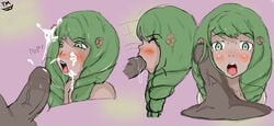 1boy 1girls blush cum cum_on_face dark-skinned_male dark_skin fellatio fire_emblem fire_emblem:_three_houses flayn_(fire_emblem) green_hair nabatean_(fire_emblem) nintendo open_mouth oral penis_on_face sweat twistedmisery veiny_penis