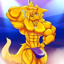 1:1 anthro big_muscles bulge canid canine clothing fennec fox fur hi_res huge_muscles jewelry male male_only mammal muscular muscular_male necklace pole solo speedo stripper swimwear taiko-sihori yellow_body yellow_fur