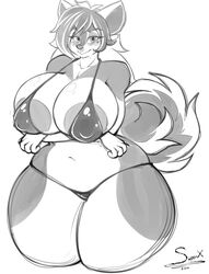 1girls 2019 anthro areolae big_breasts bikini blush breasts cleavage crossed_arms curled_tail female female_only furry long_hair looking_at_viewer mixi_elkhound monochrome nipple_bulge nose_ring rough_sketch skimpy smile solo superix thick_thighs thighs white_background