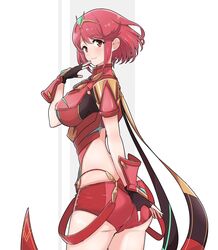 1girls ass back bare_back big_ass female female_only legs looking_at_viewer looking_back mochimochi_(xseynao) nintendo pyra red_eyes red_hair short_hair shorts smile solo xenoblade_(series) xenoblade_chronicles_2