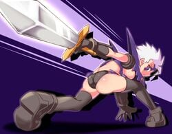 1girls action_pose cougar1404 dat_ass dragon dragon_marked_for_death face_tattoo impractical_armor inti_creates looking_back no_bra panties purple_eyes rule_63 rule_63 short_hair sideboob skimpy sword tattoo warrior_(dmfd) weapon white_hair