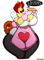 1girls anthro apron big_breasts breasts cleavage clothed clothing curled_tail english_text female female_only furry green_eyes heart looking_at_viewer mama_maria milf pie short_hair smile solo superix text thick_thighs white_background wide_hips