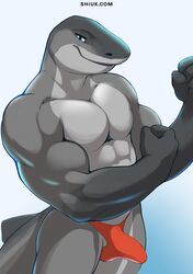 2020 absurd_res anthro biceps bulge clothed clothing fish genital_outline grey_body hi_res looking_at_viewer male male_only marine muscular muscular_male penis_outline shark shiuk simple_background solo text topless url vein