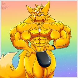 1:1 anthro big_muscles bulge canid canine clothing fennec fox fur hi_res huge_muscles jewelry male male_only mammal muscular muscular_male necklace solo speedo swimwear taiko-sihori yellow_body yellow_fur