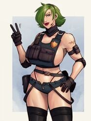 1girls abs avis_(strangehero) bell_haircut belt blue_eyes boob_window borrowed_character bulletproof_vest clothing devil_hs elbow_pads exposed_shoulders eyebrow_piercing female gloves green_hair hair_covering_eye hair_over_one_eye handwear happy_female headset huge_breasts human large_breasts muscular_female naughty_face pale_skin peace_sign police police_badge police_officer police_uniform policewoman seductive seductive_smile short_jeans short_shorts shorts sideboob simple_background slight_smile smile solo stockings tactical_gear thick_thighs upwing_bell