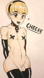 1boy basicweeaboo black_lipstick blonde_hair cheese_(modeseven) collar elbow_gloves femboy gloves latex latex_gloves small_penis solo tagme