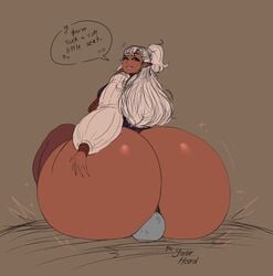 1girls anon ass dark-skinned_female dark_skin elf enna_(franktonius) facesitting female franktonius huge_ass hyper_ass speech_bubble text thick_thighs thighhighs wide_hips