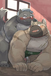 2020 anthro blush bodily_fluids brown_body brown_fur canid canine canis chocobibear clothing cum domestic_dog duo fur genital_fluids hat headgear headwear humanoid_hands kemono male male/male mammal overweight overweight_male scar sex sumo tokyo_afterschool_summoners tongue tongue_out video_games yasuyori