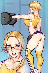 1girls ass back_muscles bbc-chan big_breasts breasts cleavage dumbbell female female_only glasses large_breasts muscles muscular muscular_female solo solo_female sweat sweating working_out