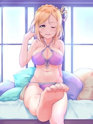 1girls bare_legs barefoot bikini blonde_hair clothed_female feet female female_only foot_fetish foot_focus looking_at_viewer love_live! love_live!_sunshine!! navel ohara_mari on_bed open_mouth presenting_foot sitting soles solo toes tongue wink yellow_eyes