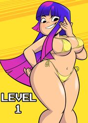 1girls bare_shoulders big_breasts bikini bikini_bottom bikini_top black_eyes blue_hair blush busty curvy detailed_background english_text eyelashes female female_only front_view g-string glitch_techs grimphantom hourglass_figure human long_hair looking_down midriff miko_kubota multicolored_hair pose posing purple_hair shiny shiny_skin side-tie_bikini sidelocks skimpy smiling smooth_skin solo standing string_bikini swimsuit text thick_thighs thong underboob voluptuous wide_hips