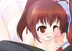 1boy blazblue blush brown_hair celica_a_mercury erection female looking_at_penis penis ragna_the_bloodedge red_ribbon smile straight underwear white_panties