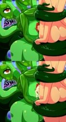 1boy blowjob breasts cum cum_in_mouth danimarion fellatio female green_skin i,_medusa lamia lips male_focus medusa medusa_(miitopia) miitopia nintendo snake_hair tied_up