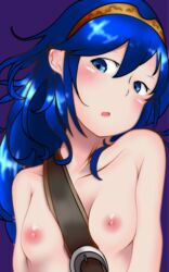 1girls areolae bangs between_breasts blue_background blue_hair blush breasts collarbone female female_only fire_emblem fire_emblem_awakening hair_between_eyes hairband highres human long_hair lucina_(fire_emblem) nipples nude oracle_lens simple_background small_breasts solo strap_between_breasts upper_body very_long_hair