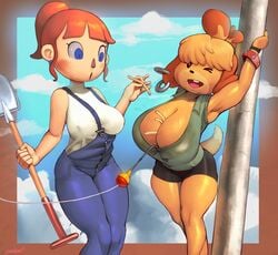 2020 2girls animal_crossing animal_crossing_girl anthro bell breasts cleavage clothes_stuck_on_object clouds curvy earrings erect_nipples female female_only female_protagonist fishing_line french_fries huge_breasts isabelle_(animal_crossing) large_breasts lewdcactus namespace nintendo nipple_bulge nipples overalls pole scrunchie shovel skirt villager_(animal_crossing) wide_hips