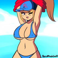 1girls animated big_breasts bikini bouncing_breasts breasts cleavage large_breasts looking_at_viewer metroid nintendo samus_aran scruffmuhgruff shirt_lift solo